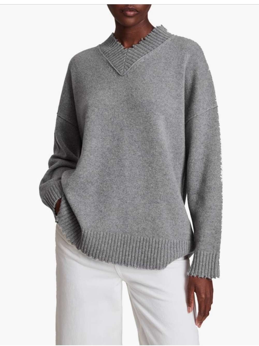 AllSaints Jax V-Neck Cashmere & Wool Frayed-edge Sweater, size L